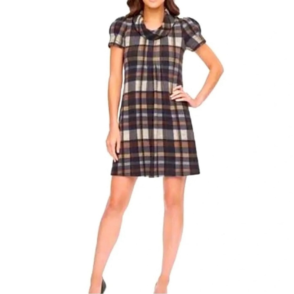 Jessica Howard Plaid Pleated Cowl Neck Sweater Short Sleeved Lined Dress Size PL